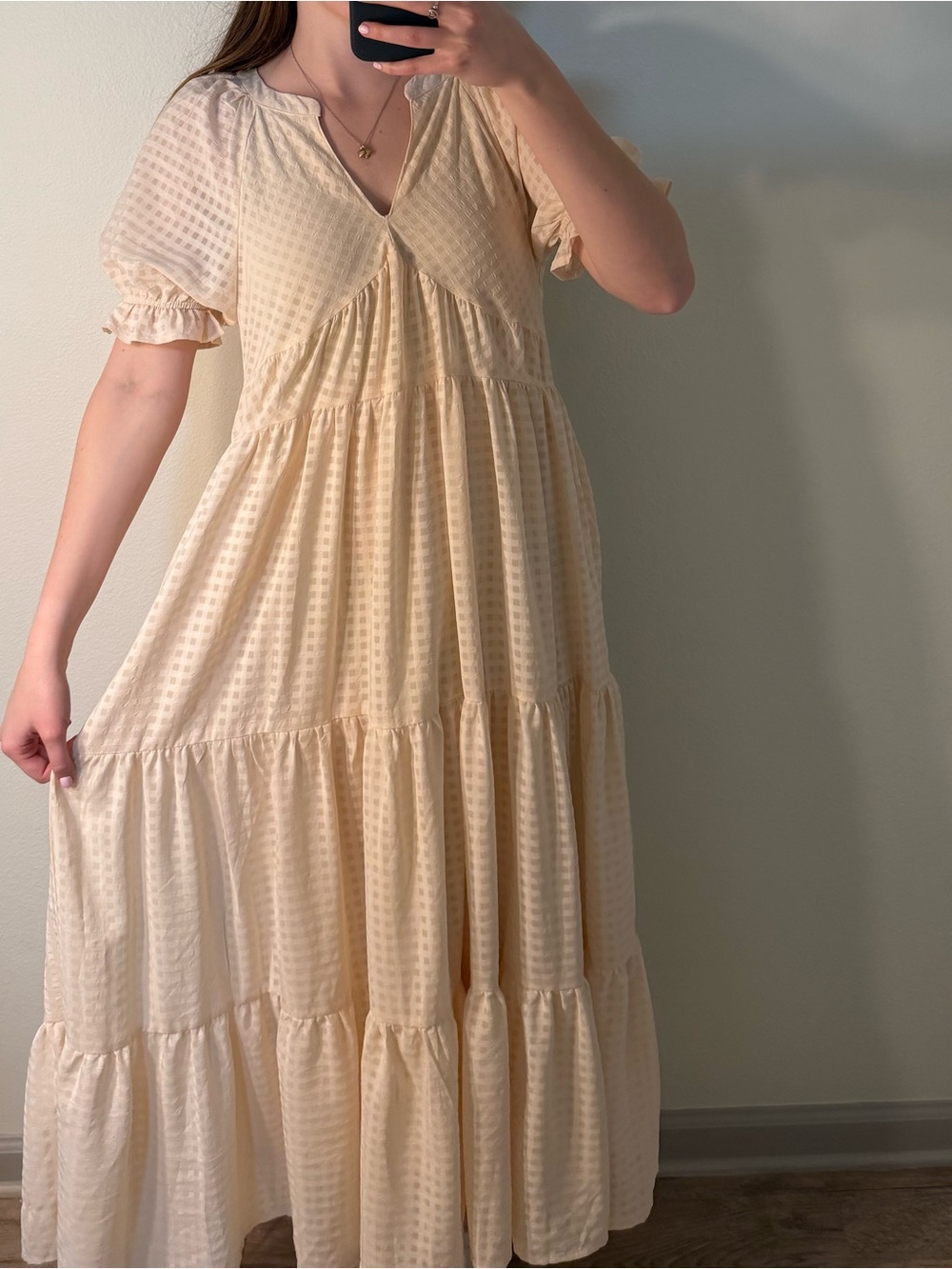 Cream Tiered V-Neck Maxi Dress